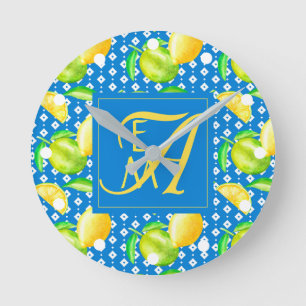 Lemon Träd Ocean Blue MONOGRAM Newlyweds Bröllop Rund Klocka