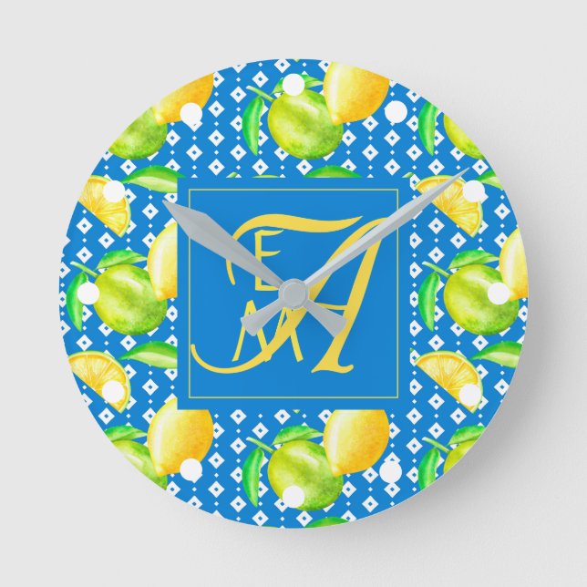 Lemon Träd Ocean Blue MONOGRAM Newlyweds Bröllop Rund Klocka (Framsida)