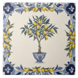 Lemon Tree in Blue and White Pot Lemons Border Kakelplatta