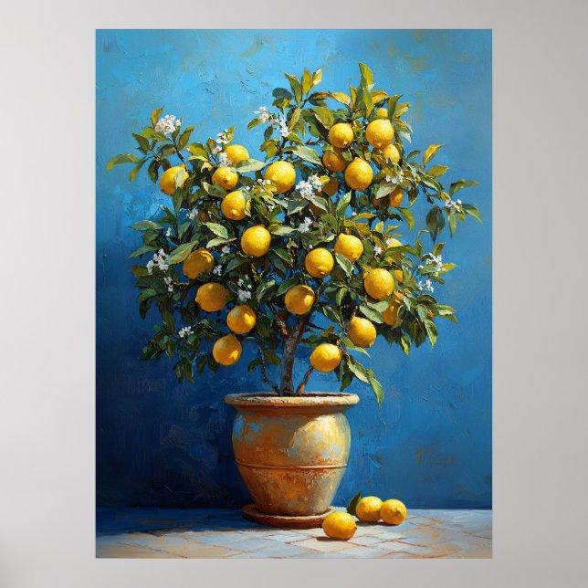 Lemon Tree in Clay Pot with Blossoms Poster (Framsidan)