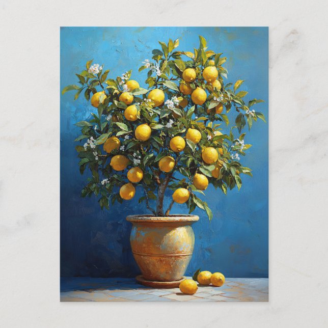 Lemon Tree in Clay Pot with Blossoms Vykort (Framsida)