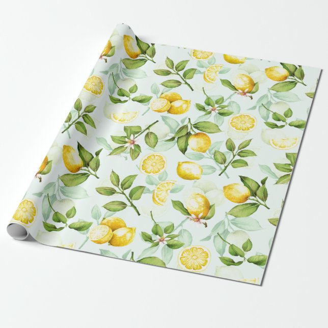 Lemon Tropical Summer Fruit Mönster på Mint Presentpapper (Utrullad)