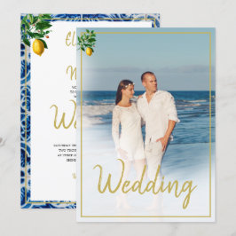 Lemon Tuscan Tile Blue White Photo Bröllop Inbjudningar