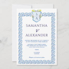 Lemon Vapensköld Blue Mediteranean Tiles Bröllop Inbjudningar