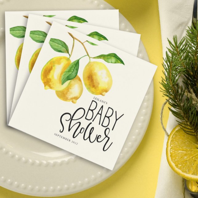 Lemon Watercolor Baby Shower Napkins Pappersservett (Lemon drop watercolor Baby Shower napkins. Celebrate the little sweetie on the way. Summer Citrus!)