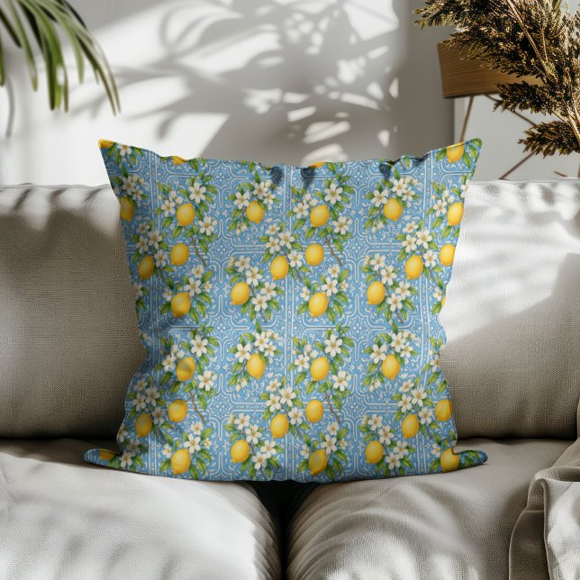 Lemon Watercolor Blå Medelhavs Kakel Mönster Kudde (See collection for coordinating home décor items)