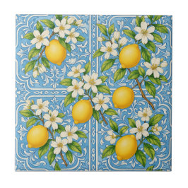 Lemon Watercolor Blue Mediterranean Pattern Kakelplatta