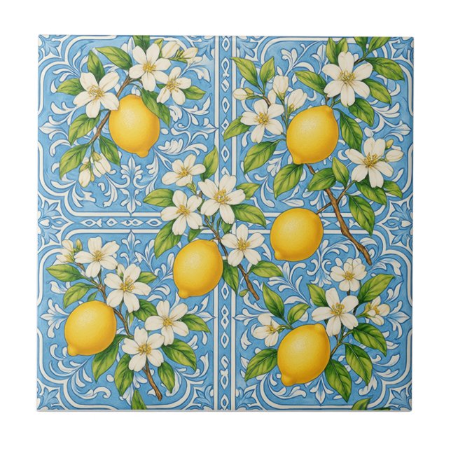 Lemon Watercolor Blue Mediterranean Pattern Kakelplatta (Framsidan)