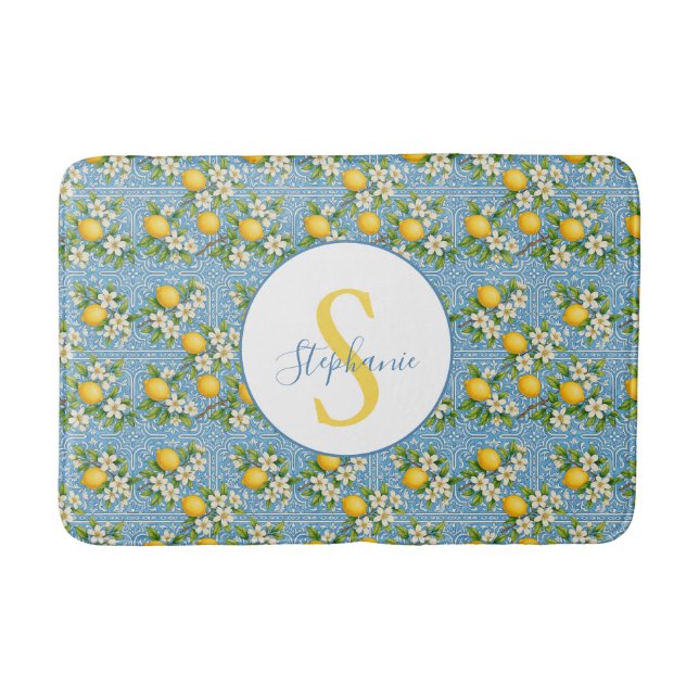 Lemon Watercolor Blue Tile Pattern Personalized Badrumsmatta (Framsidan)