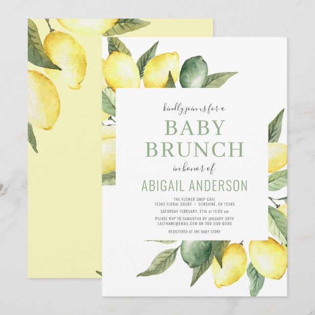 Lemon Watercolor Citrus Modern Baby Brunch Inbjudningar (Fram/baksida)