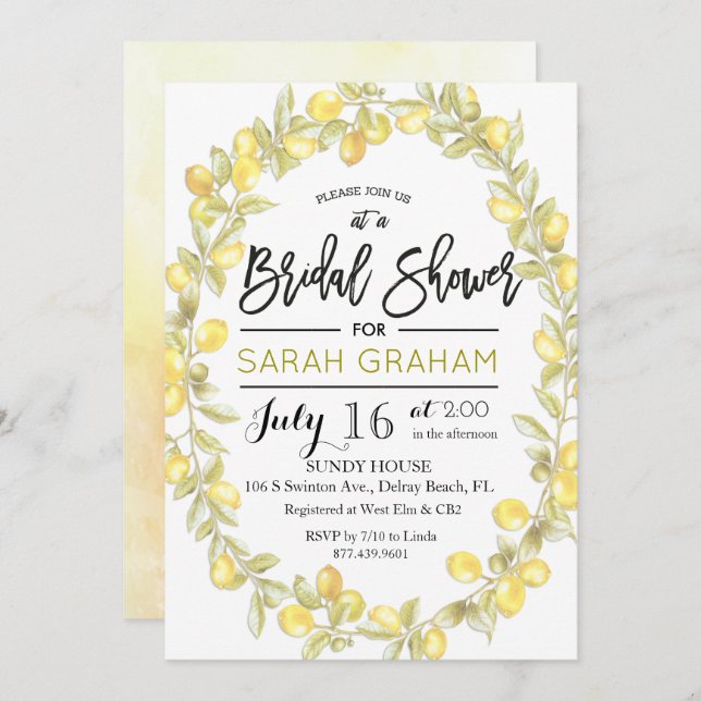 Lemon Watercolor Inbjudningskort för möhippan (Fram/baksida)