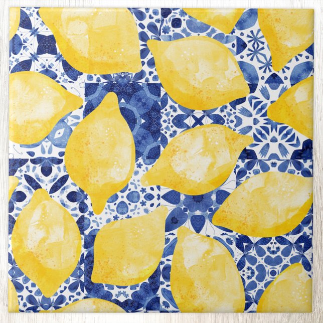 Lemon Watercolor Mediterranean Blue Tile Kakelplatta (Modern citrus lemon watercolor pattern decorative ceramic tile)