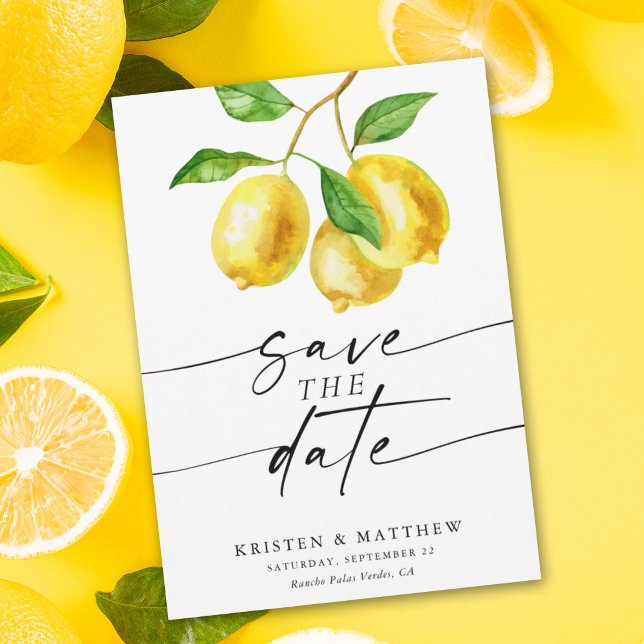 Lemon Watercolor Modern Bröllop Spara Datumet (Capture the essence of summer with our lemon watercolor save the date.)