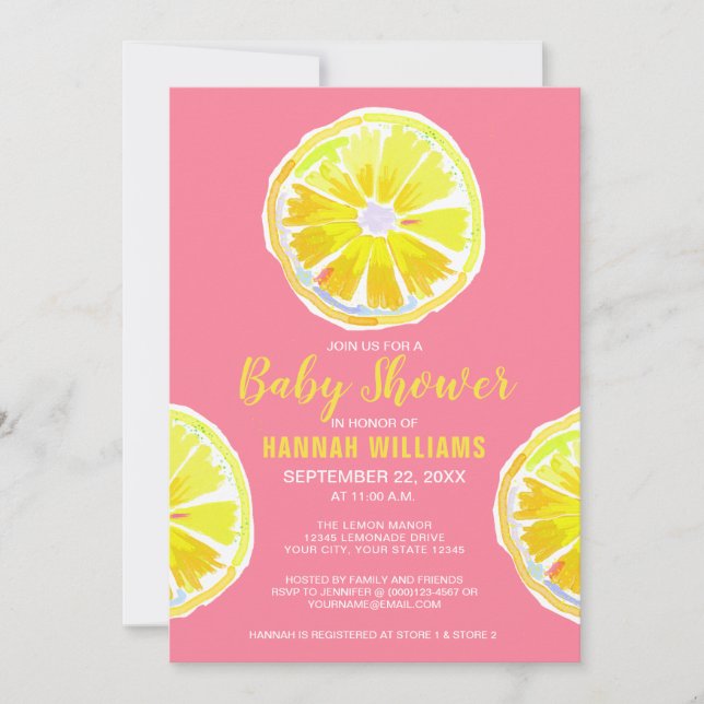 Lemon Watercolor Slices Rosa Baby Shower Inbjudningar (Framsida)