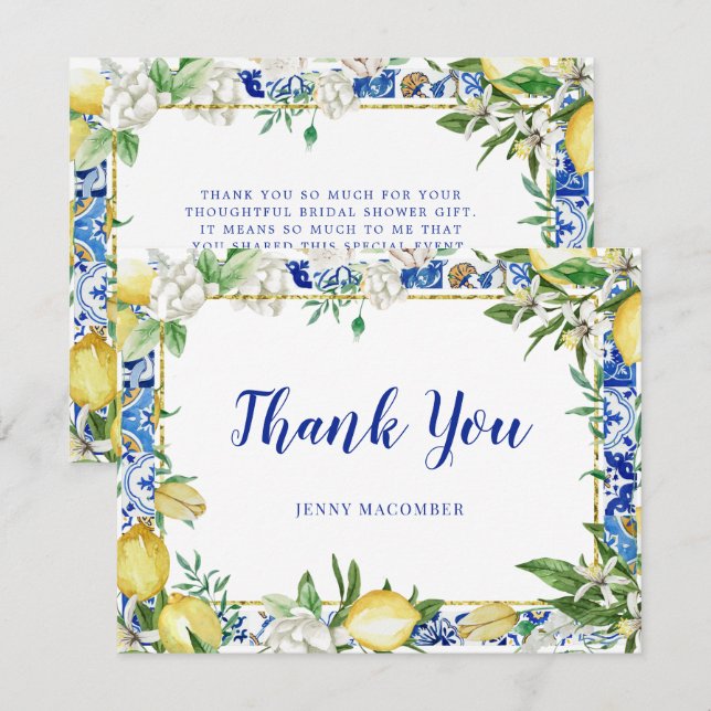 Lemon White Blommigt Blue Mosaic Tile Tack Kort (Fram/baksida)