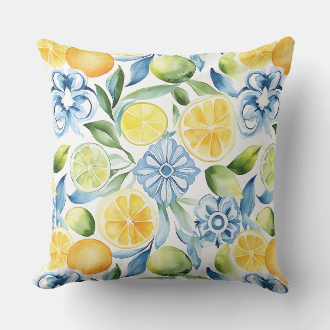 Lemon with Blues Pattern Throw Pillow Kudde (Framsida)