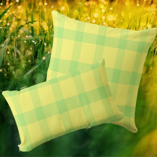 Lemon Yellow Lime Green Rustic Plaid Check Lumbarkudde (Welcome spring with this lemon lime plaid!)