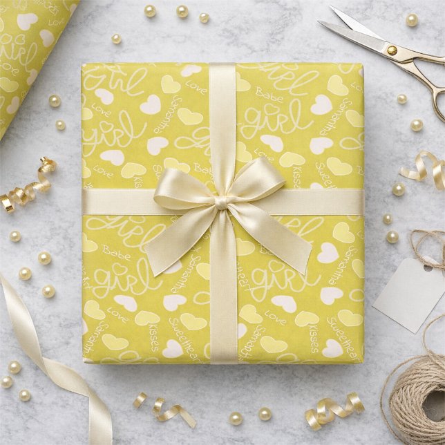 Lemon Yellow Love Presentpapper (Customizable love notes on lemon yellow wrapping paper. Cute, girly, and ready to make any gift pop.)