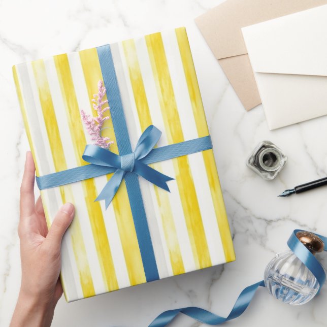 Lemon Yellow White Stripes Birthday Presentpapper (Gifting)