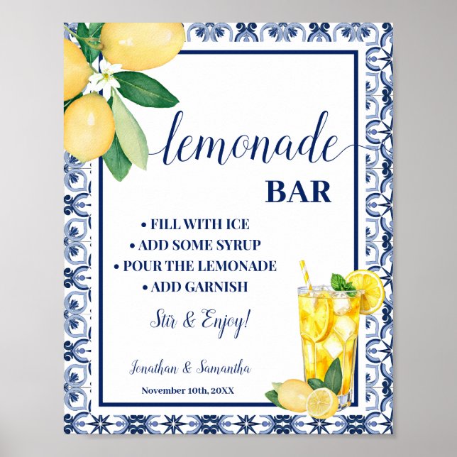 Lemonade Bar Blue Mediterranean Lemons Sign Poster (Framsidan)