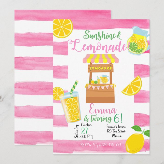Lemonade Birthday Invitation, Lemonade Invitation Inbjudningar (Fram/baksida)