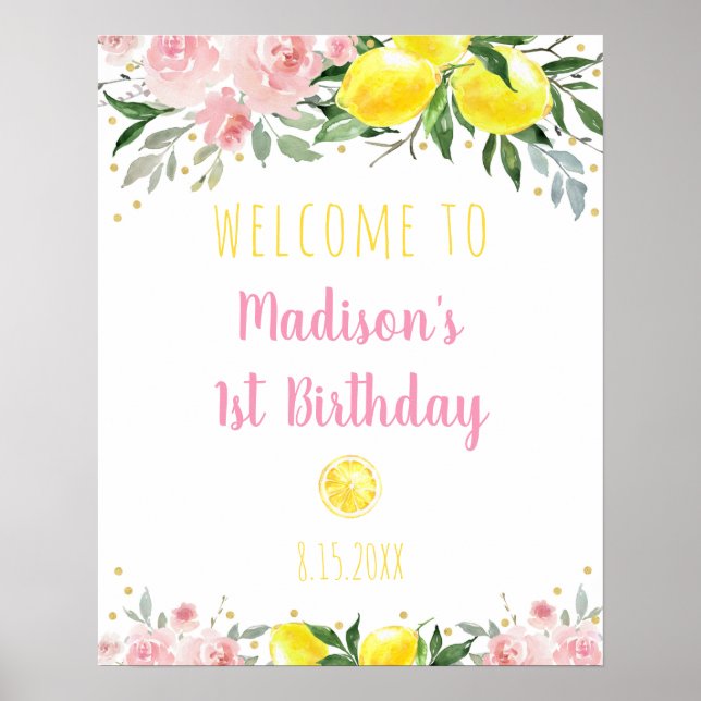 Lemonade Rosa Blommigt Birthday Välkommen Poster (Framsidan)