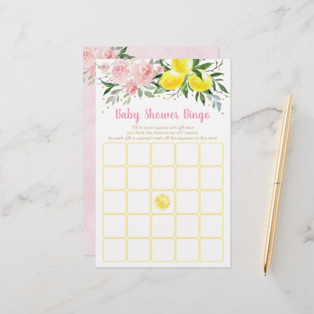 Lemonade Rosa Guld Blommigt Baby Shower Bingo Game (Fram/Back In Situ)