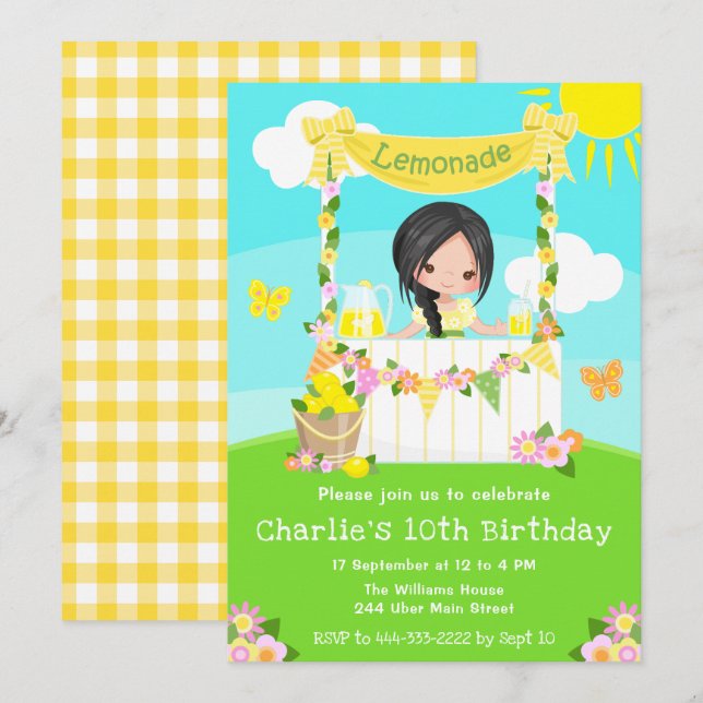 Lemonade stand Birthday Black Hair Girl Inbjudningar (Fram/baksida)