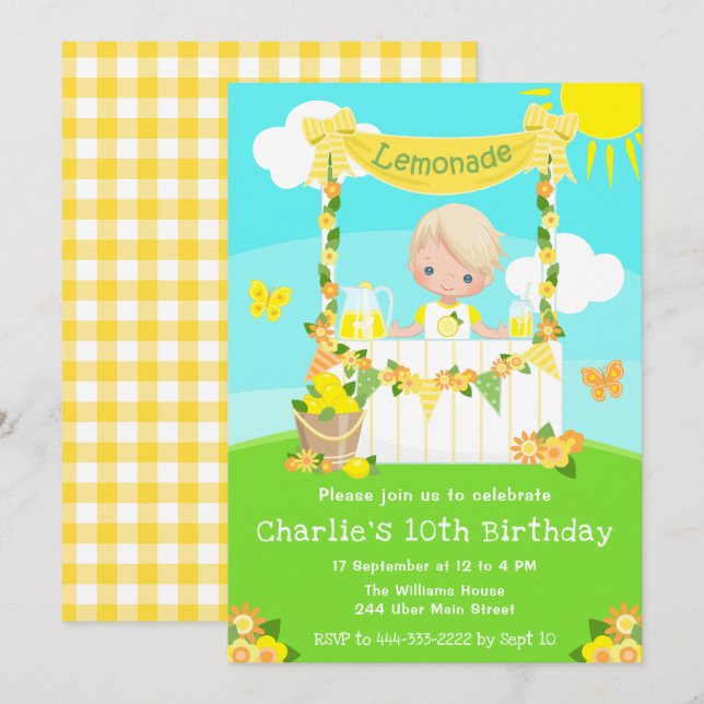 Lemonade stand Birthday Blonde Hair Boy Inbjudningar (Fram/baksida)