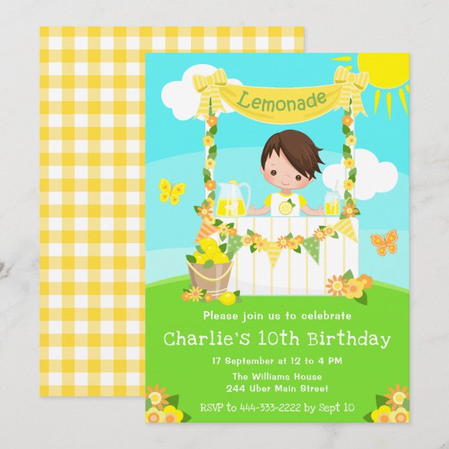 Lemonade stand Birthday Brown Hair Boy Inbjudningar (Fram/baksida)