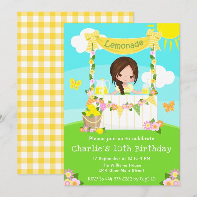 Lemonade stand Birthday Brown Hair Girl Inbjudningar (Fram/baksida)