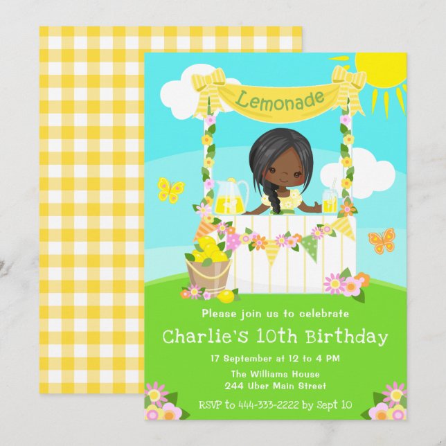 Lemonade stand Birthday Mörk Skin Girl Inbjudningar (Fram/baksida)
