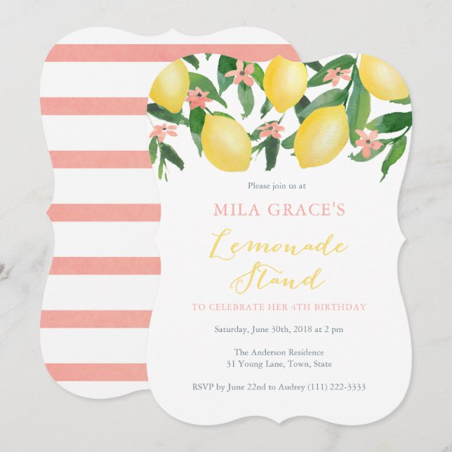 Lemonade Stativ Födelsedagsfest för lilla flicka Inbjudningar (Fram/baksida)