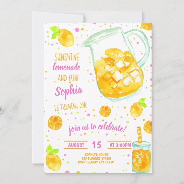 Lemonade Summer Confetti Cute Girl-födelsedagen Inbjudningar (Framsida)