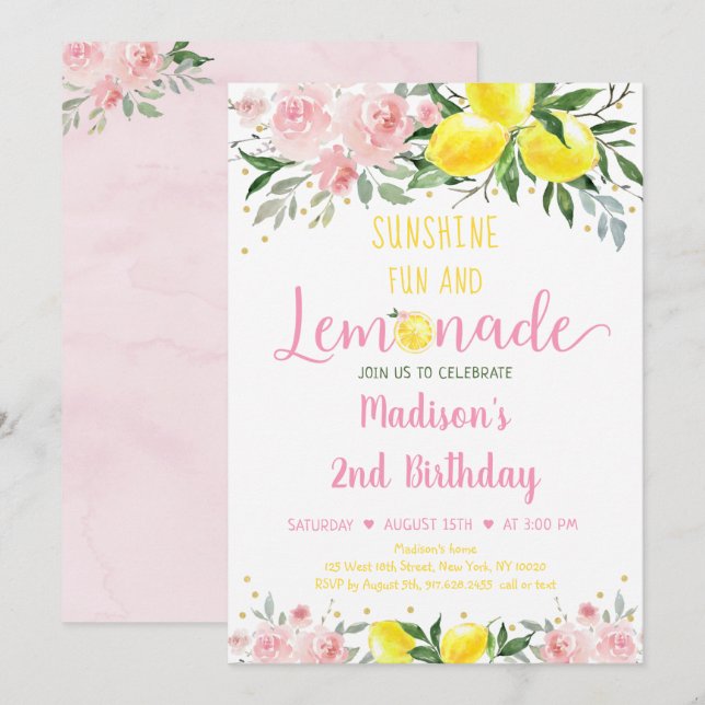 Lemonade Sunshine Rosa Guld Blommigt Birthday Inbjudningar (Fram/baksida)
