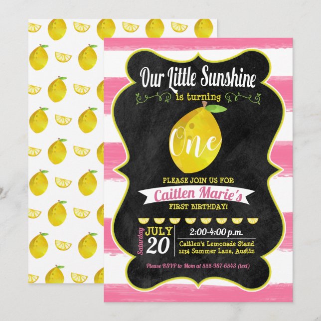 Lemonade Sunshine Rosa Gult Chalkboard Birthday Inbjudningar (Fram/baksida)