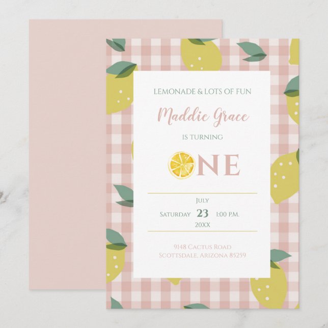 Lemonade Sunshine Rosa Play First Birthday Inbjudningar (Fram/baksida)