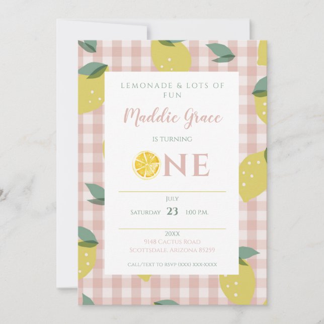 Lemonade Sunshine Rosa Play First Birthday Invita Inbjudningar (Framsida)