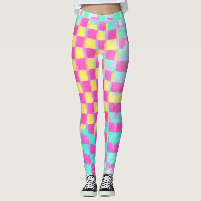 Lemonberry Neo Mint Grungy Checkerboard Mönster Leggings (Framsida)