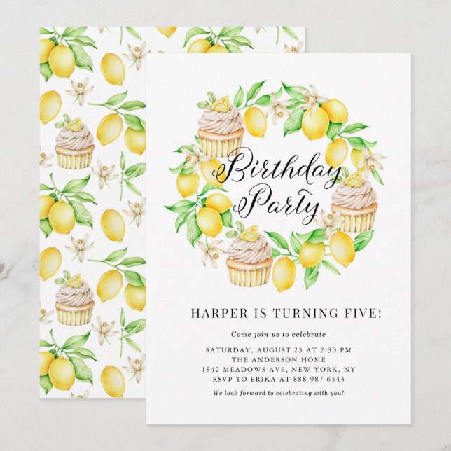 Lemoner och Lemon Muffinsar Utandning Födelsedagsf Inbjudningar (Fram/baksida)