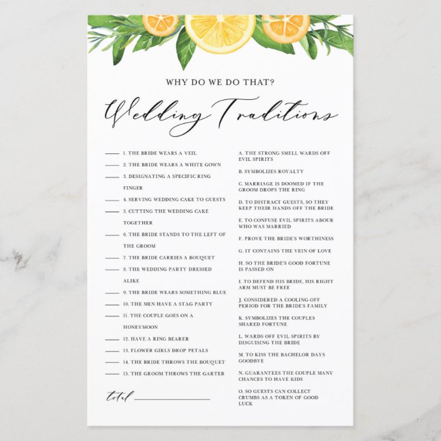 Lemoner och Orangar Bröllop-traditioner - spelspel (Framsida)
