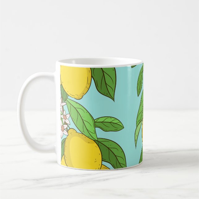 Lemoner, Vibrant Blue Background Sömlös. Kaffemugg (Vänster)
