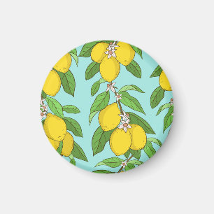 Lemoner, Vibrant Blue Background Sömlös. Magnet
