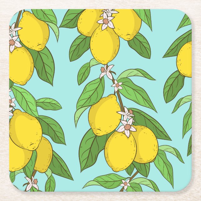 Lemoner, Vibrant Blue Background Sömlös. Underlägg Papper Kvadrat (Framsidan)