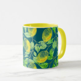 Lemonfrukt mönster gult blått vintage mugg