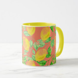 Lemonfrukt mönster gult och persikor rosa mugg