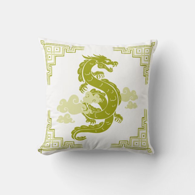 Lemongräs Grönt Chinoiserie Dragon and Clouds Kudde (Framsida)