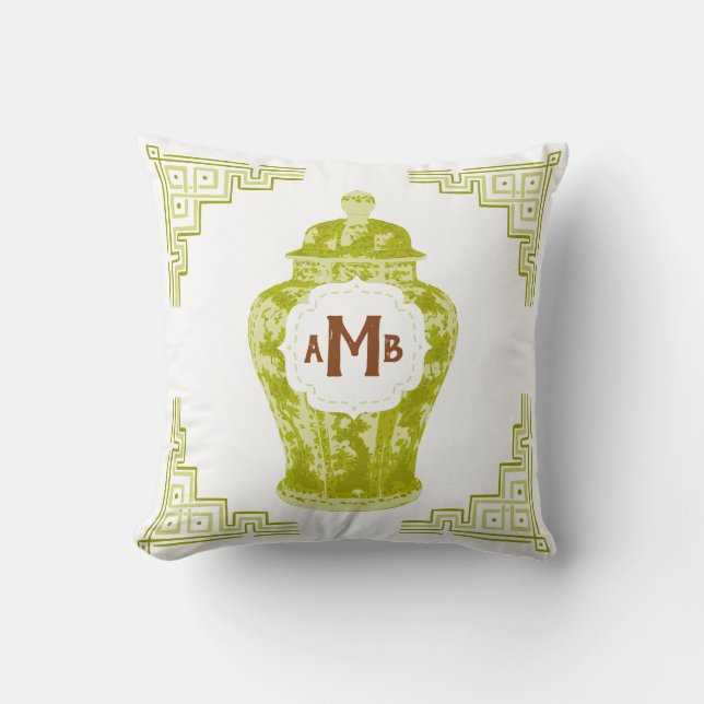 Lemongräs Grönt Chinoiserie Ginger Burk Monogram Kudde (Framsida)