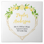Lemons and Foliage Baby Birth Stats Kakelplatta<br><div class="desc">This fun and whimsical tile features watercolor citrus lemons and foliage on a gold geometric frame. The text combines handwritten script and serif fonts for a stylish and modern look. It can be personalized with your baby's birth stats, such as name, size, date and time of birth, or if you...</div>