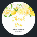 Lemons and Foliage Wedding Thank You Runt Klistermärke<br><div class="desc">This beautiful and elegant wedding thank you sticker features watercolor citrus lemons and foliage. The text combines handwritten script and serif fonts for a stylish and modern look. This is perfect for a spring or summer rustic wedding.</div>